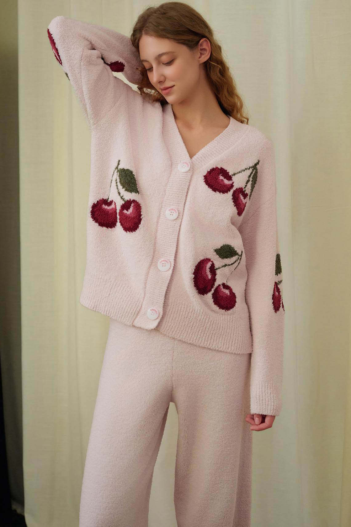 Soft Half Velvet Cherry Cardigan Pajama Set-ROVOLE