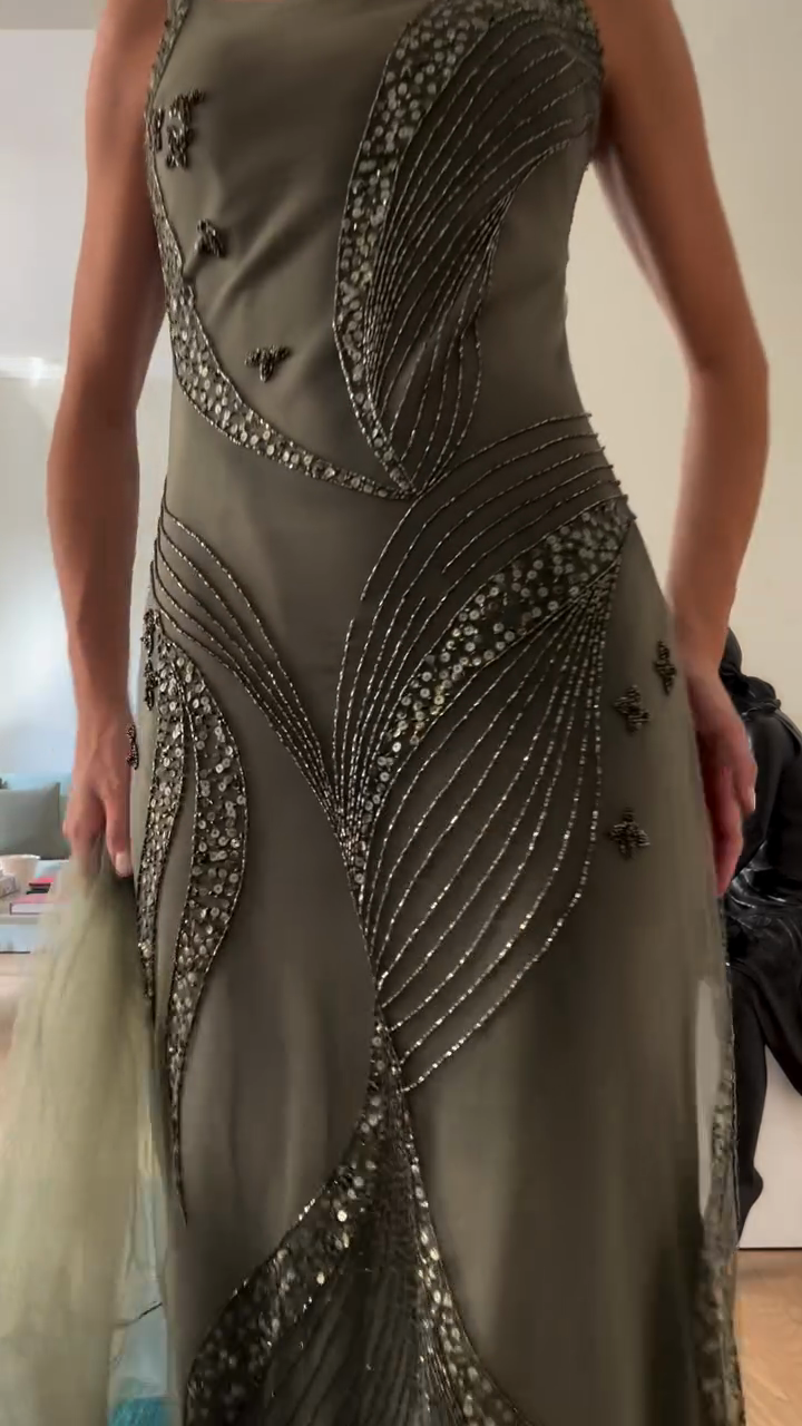 Embellished Olive - Green Evening Gown-ROVOLE