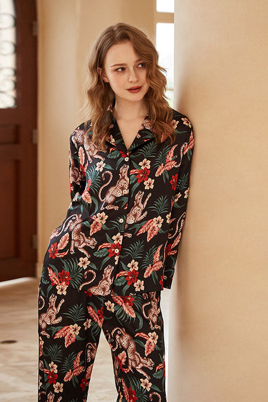 Jaguar and Floral Print Long-Sleeve Loungewear Set-ROVOLE