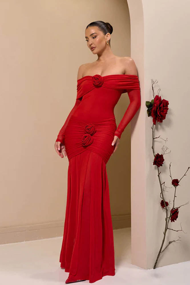 Off-Shoulder 3D Floral Bodycon Maxi Dress-ROVOLE