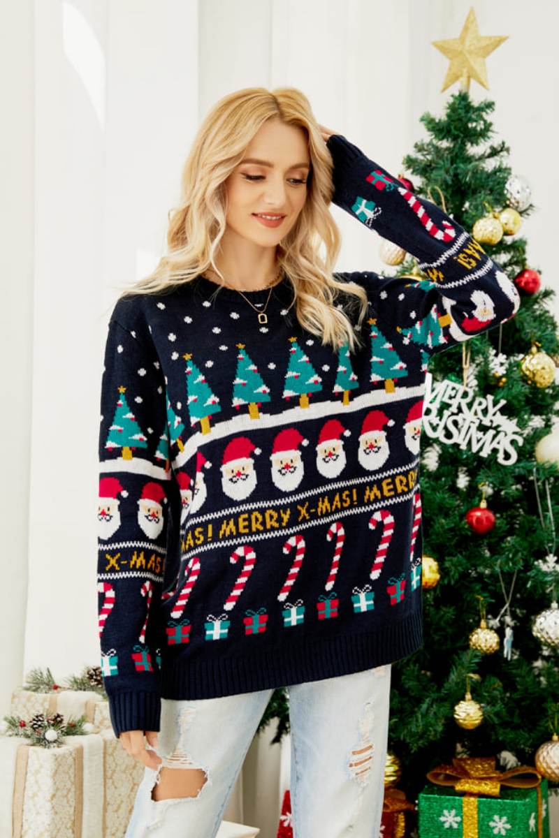 Round Neck Loose-Fit Christmas Theme Knit Sweater-ROVOLE