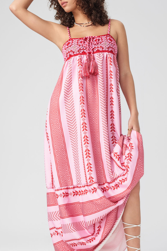 Naomi Printed Embroidered Lace Up Cami Midi Dress-ROVOLE