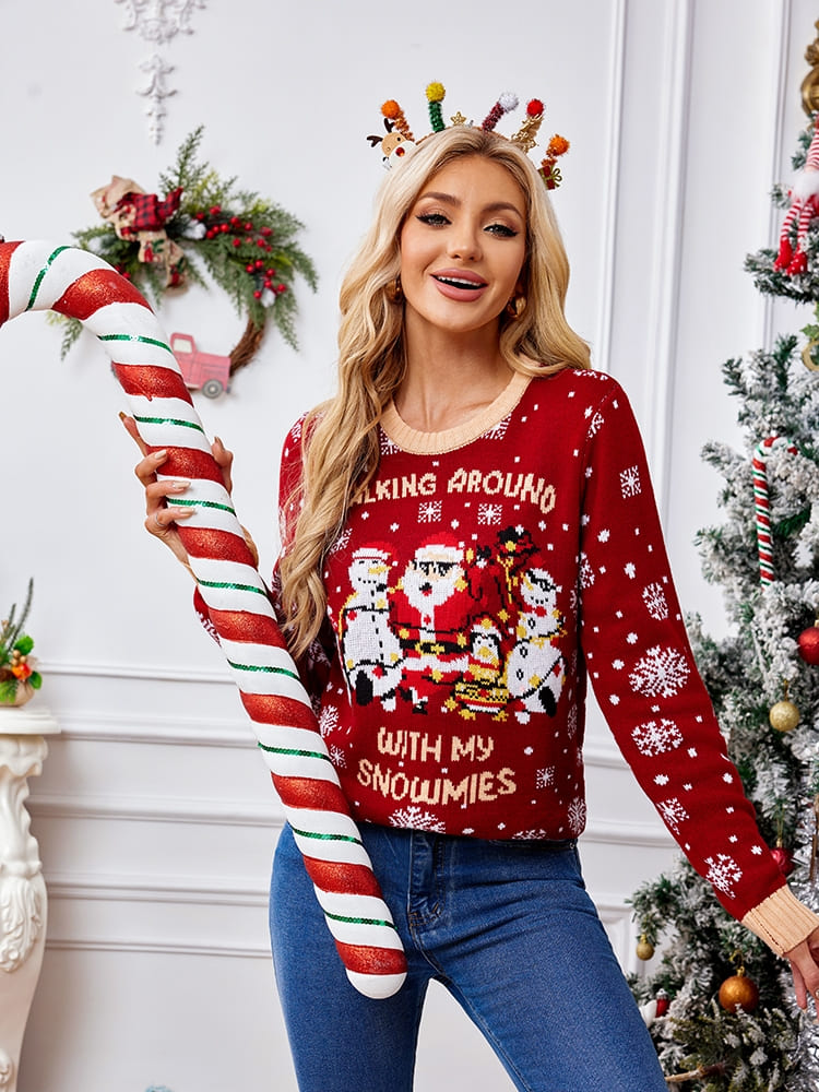 Casual Crewneck Embroidered Sweater – Santa Claus & Penguin-ROVOLE