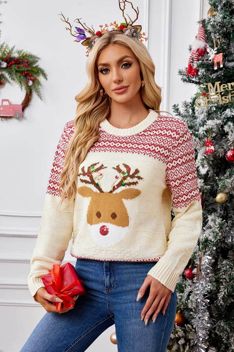 Christmas Crewneck Embroidered Knit Sweater-ROVOLE
