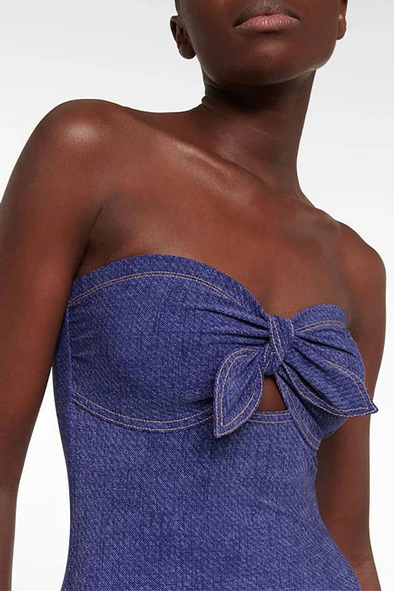 Denim Bandeau One Piece Swimsuit Set-ROVOLE