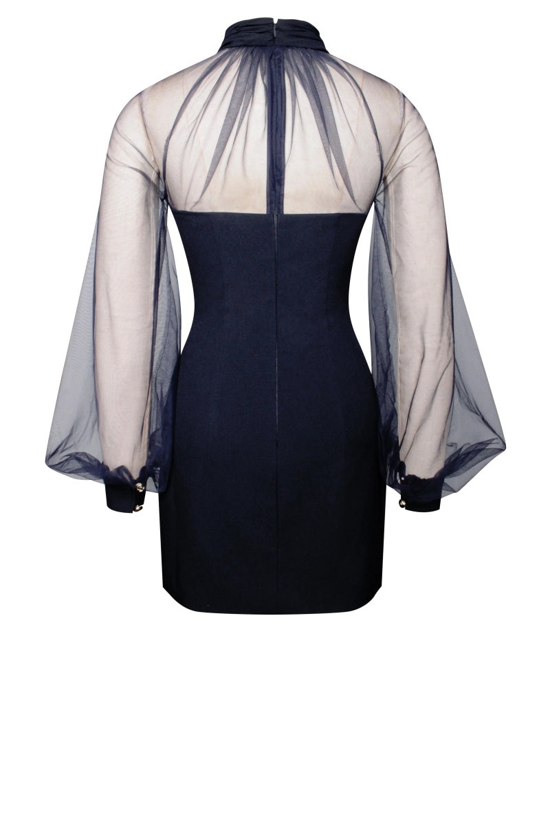 Tabitha Navy Blue Mesh Lantern Sleeve Mini Dress-ROVOLE