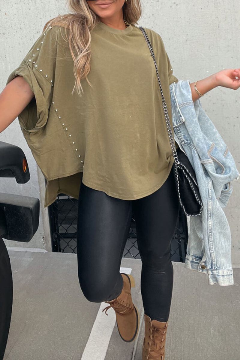 Roll Up Sleeve Studded Oversized Tee-ROVOLE