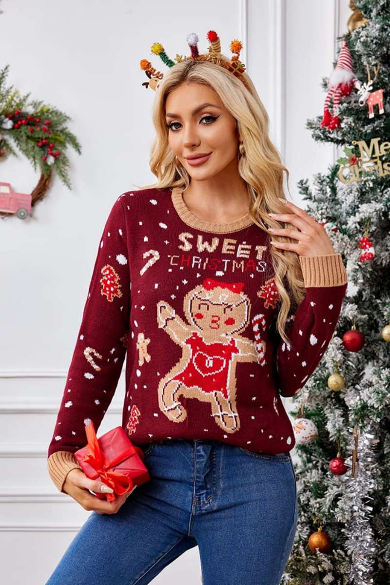 Casual Crewneck Embroidered Sweater – Gingerbread Man-ROVOLE