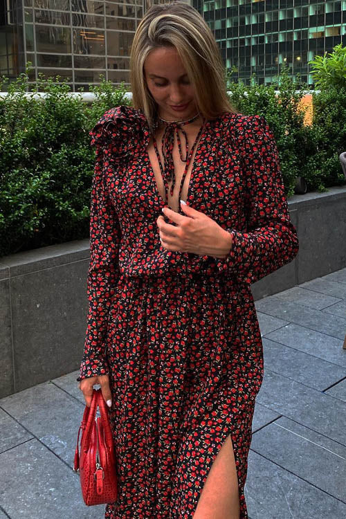 Bertha Flower V Neck Midi Dress-ROVOLE