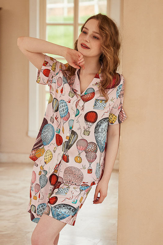 Hot Air Balloon Print Open-Front Short-Sleeve Pajama Set-ROVOLE