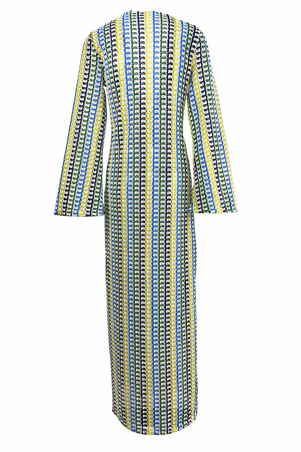 Boho V Neck Bell Sleeve Wavy Striped Crochet Beach Vacation Maxi Dress-ROVOLE