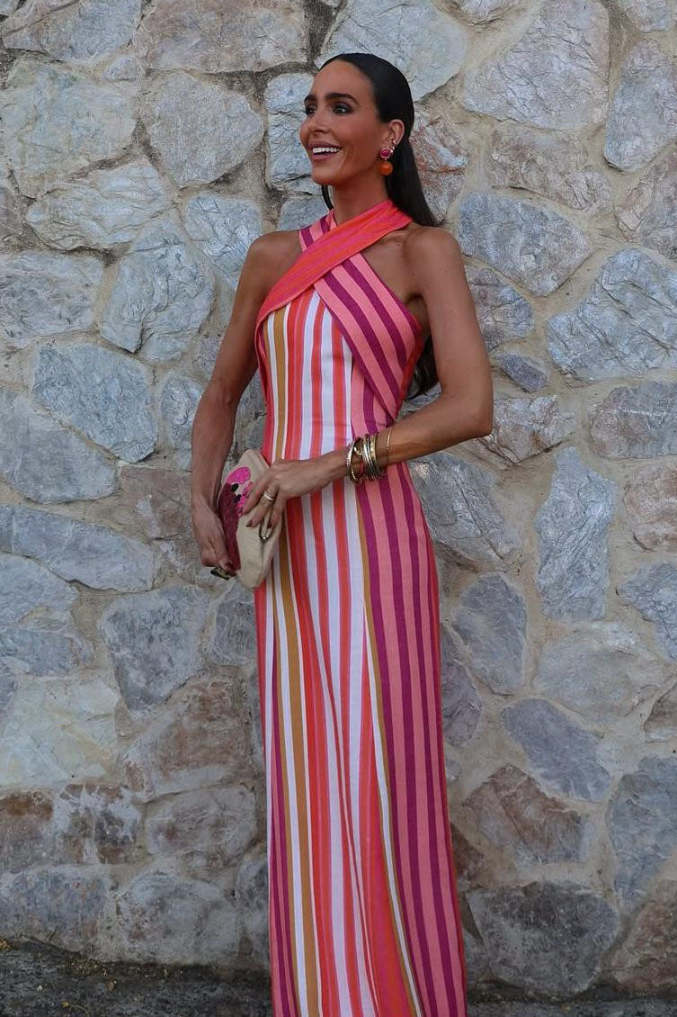 Sunset Samba Cross-Halter Stripe Dress-ROVOLE