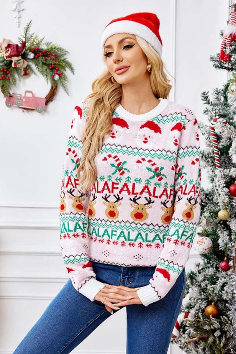 Loose-Fit Round Neck Christmas Cartoon Knit Sweater - Pink-ROVOLE