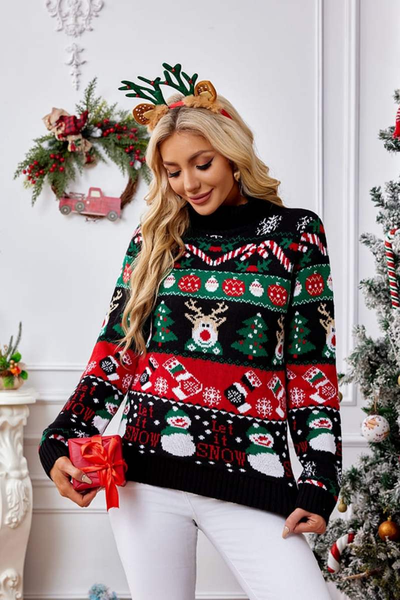 High Neck Christmas Snowman Embroidery Sweater-ROVOLE