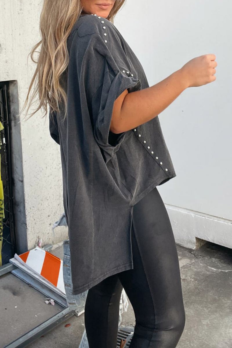Roll Up Sleeve Studded Oversized Tee-ROVOLE