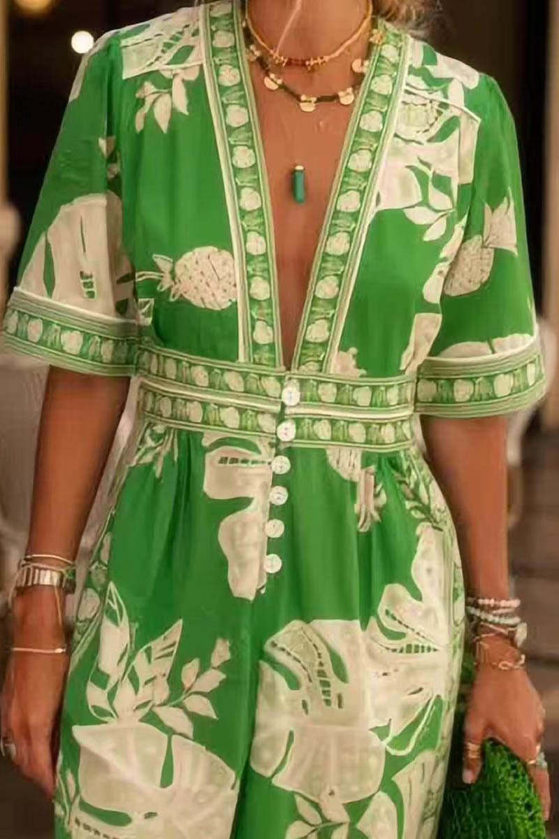 Stylish V-Neck Printed Jumpsuit-ROVOLE