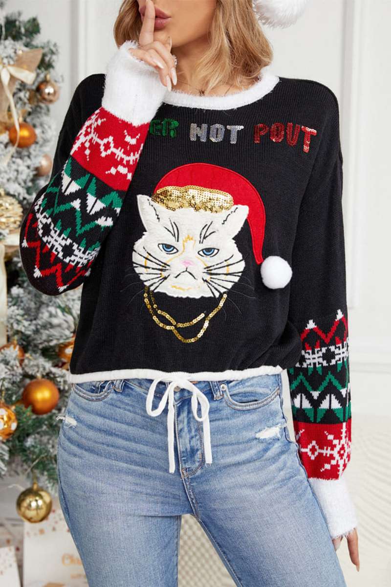 Casual Round Neck Cat Embroidery Sequin Sweater-ROVOLE