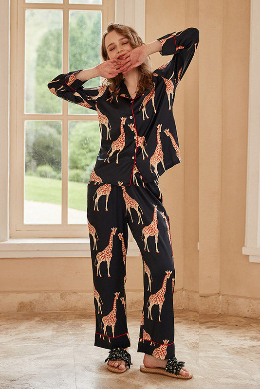 Black Giraffe Print Long-Sleeve Pajama Set-ROVOLE