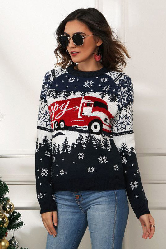 Snowflake and Truck Print Christmas Sweater-ROVOLE