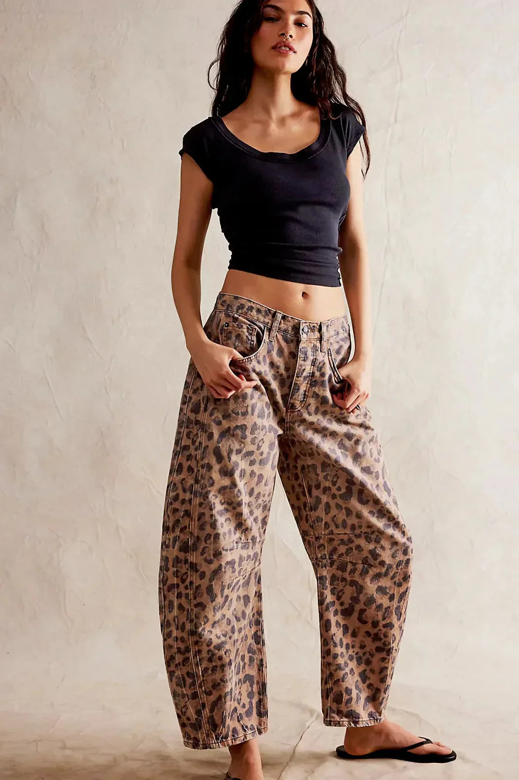 Leopard Print Barrel Jeans-ROVOLE
