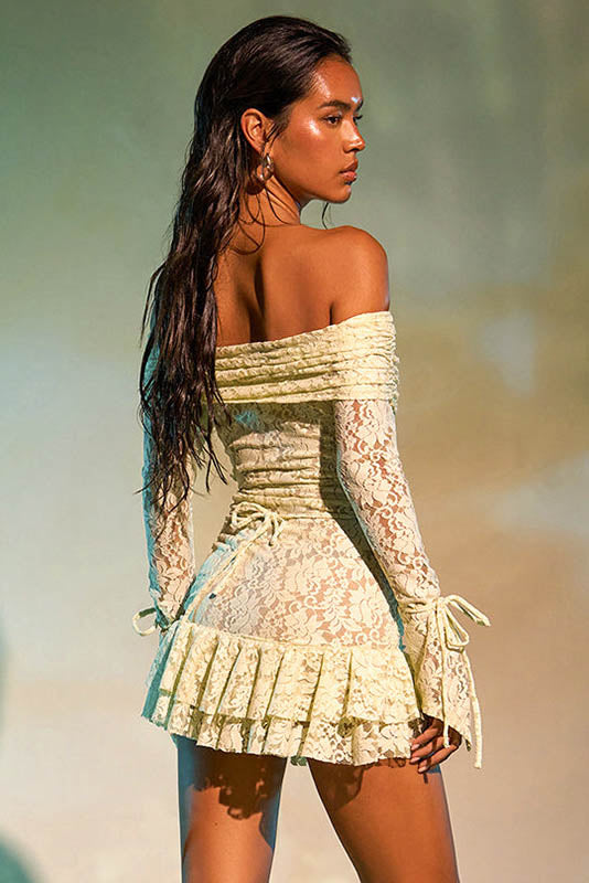 Elegant Ruffled Jacquard Off-Shoulder Mini Dress-ROVOLE