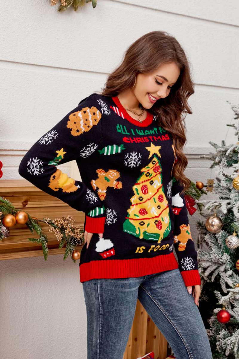 Casual Crewneck Embroidered Christmas Tree Sweater-ROVOLE