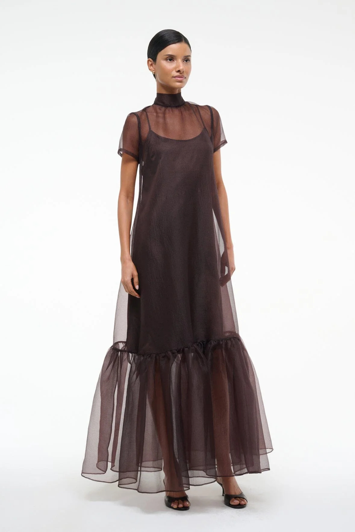 Sheer Turtleneck Bow-Back Tiered Maxi Dress