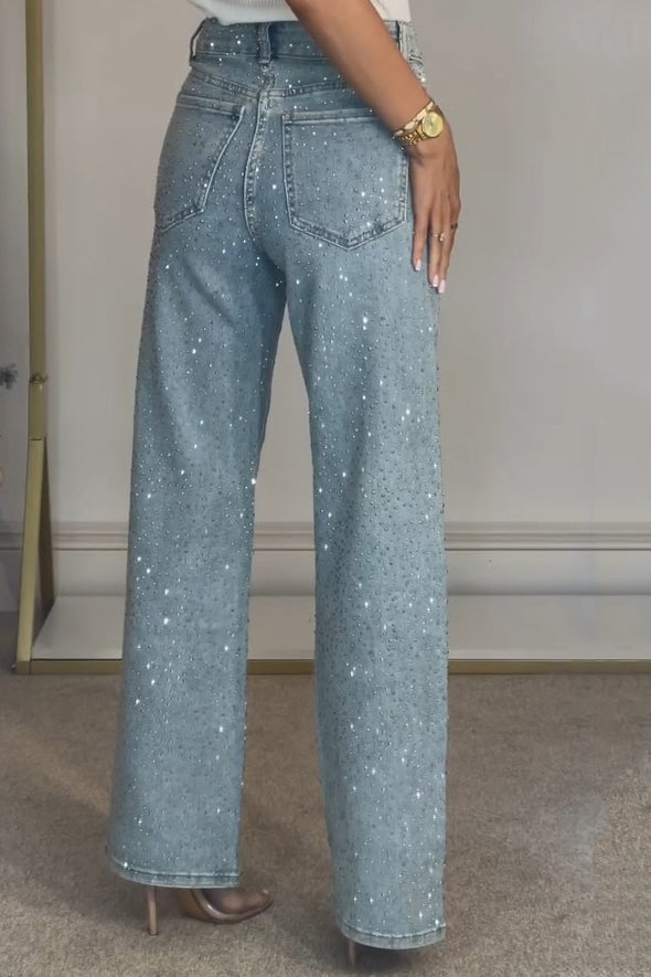 High Waisted Diamanté Straight Leg Jeans-ROVOLE