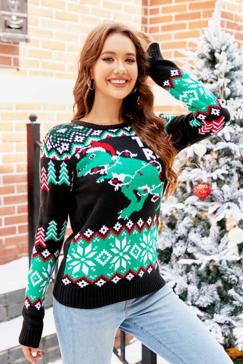 CHRISTMAS DINOSAUR KNIT SWEATER-ROVOLE