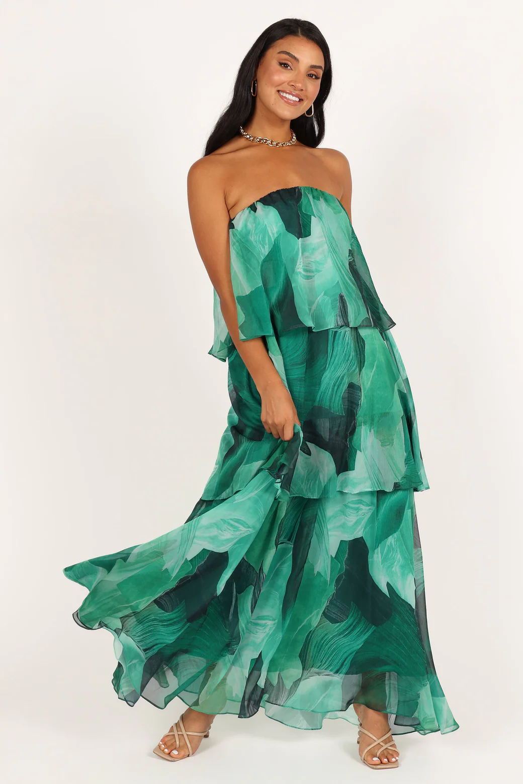 Calista Green Bloom Strapless Tiered Maxi Dress-ROVOLE