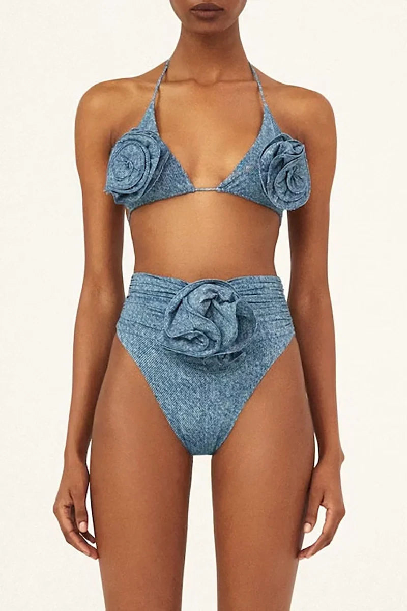 3D Floral Halter Sexy Bikini Set-ROVOLE