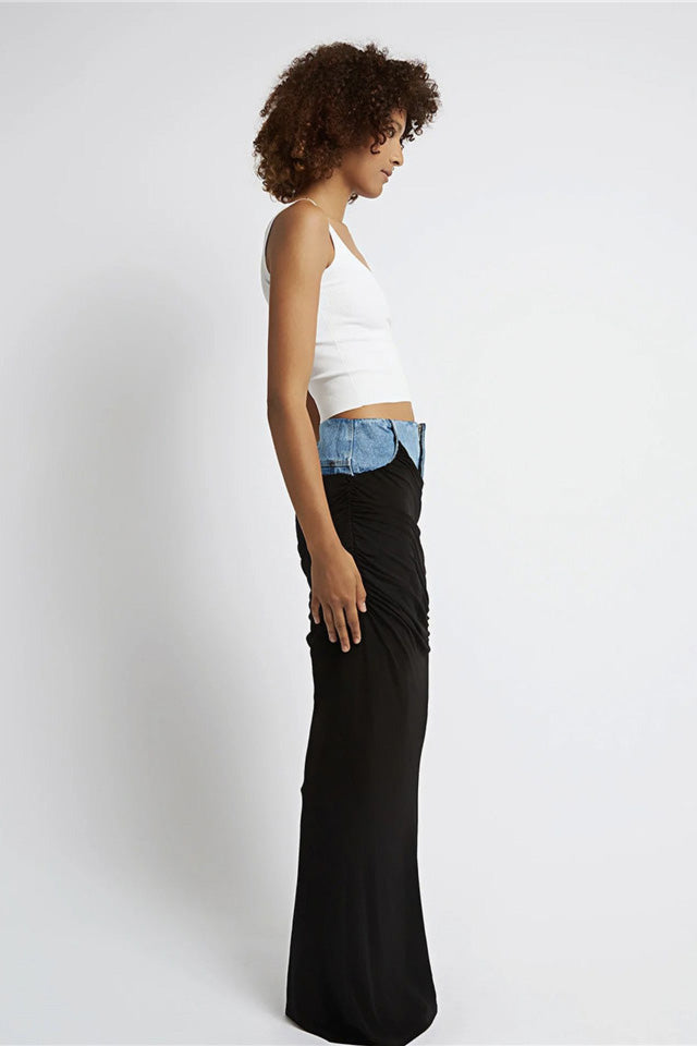 Black Ruched Denim Skirt-ROVOLE