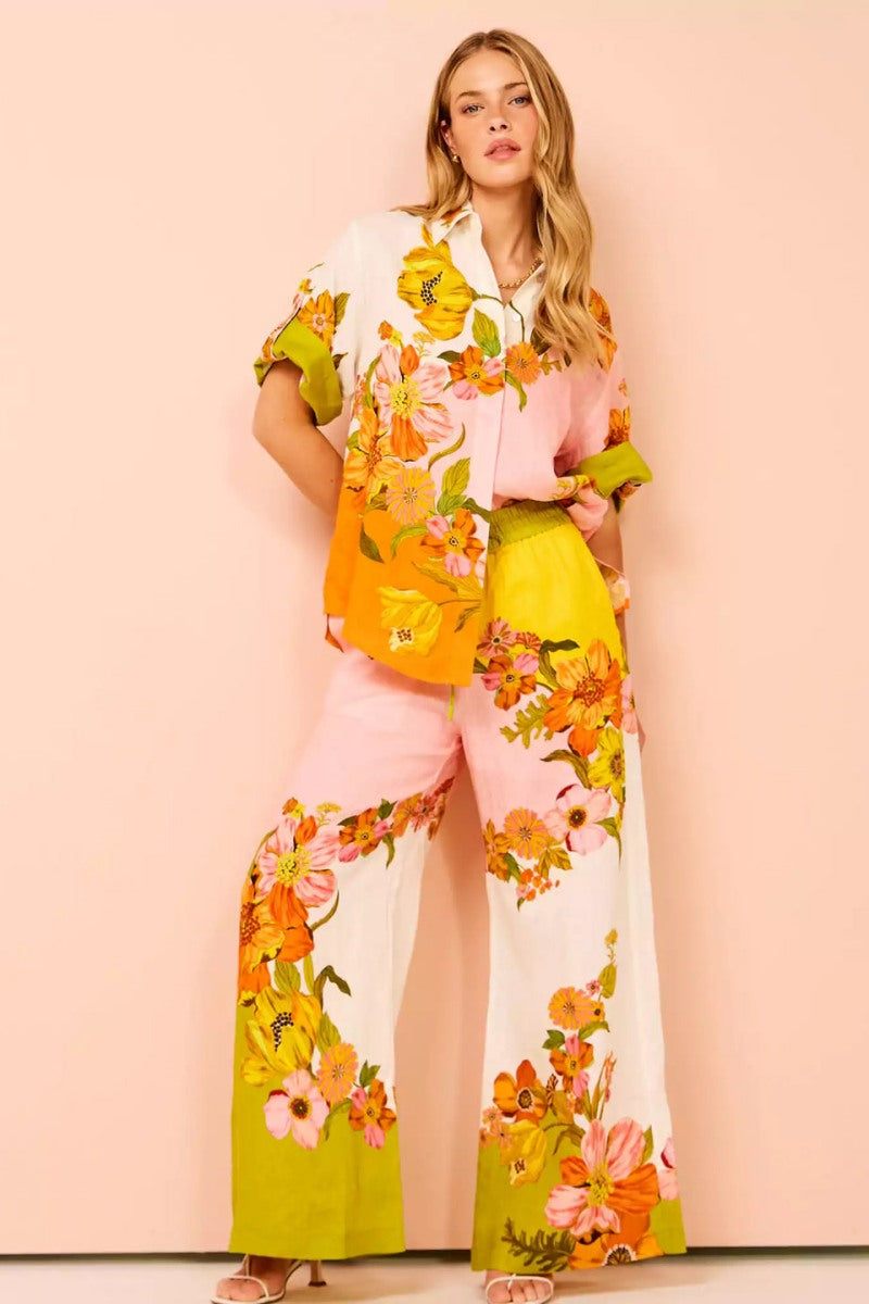 Unique Print Elastic Waist Pocketed Wide Leg Pants-Set-ROVOLE