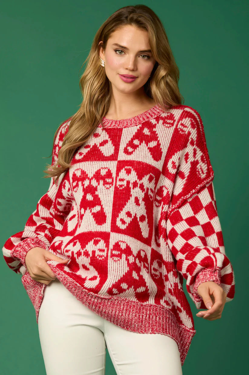 Candy Cane Christmas Needles & Gingerbread Man Knit Sweater-ROVOLE