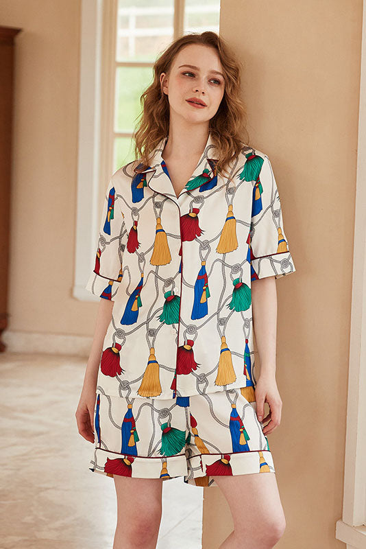 Fringe Pattern Short-Sleeve Loungewear Set-ROVOLE