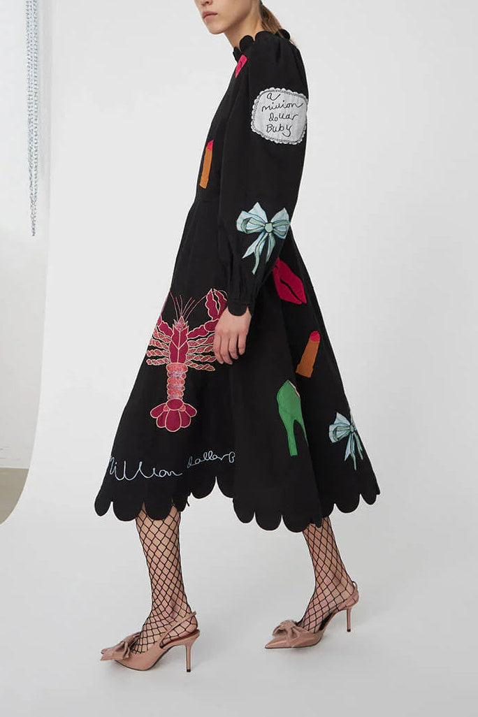Lobster Graffiti Scallop Trim Midi Dress-ROVOLE