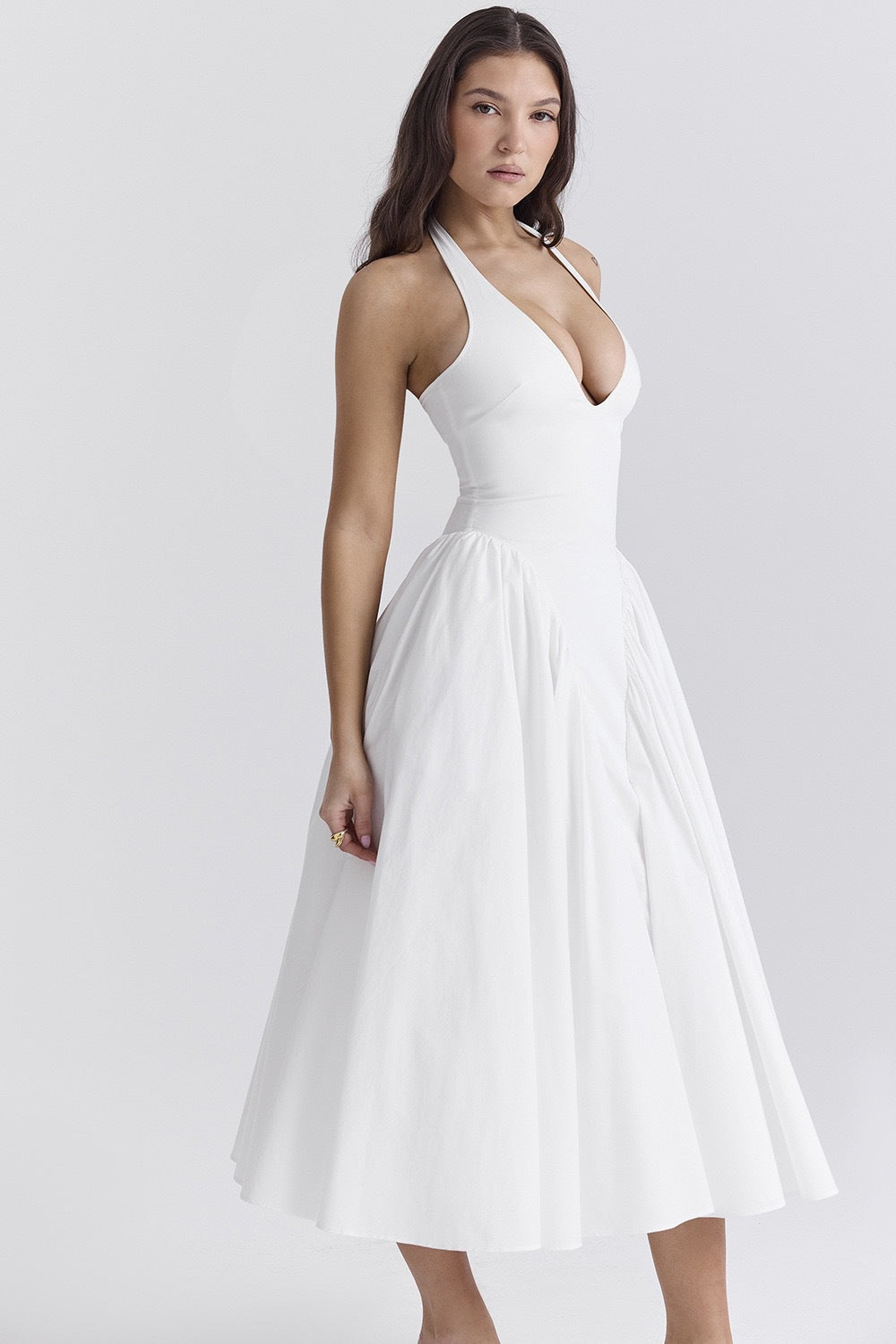 White Cotton Halter Midi Sundress-ROVOLE