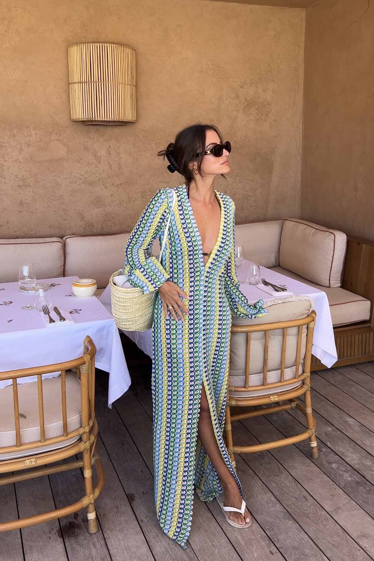 Boho V Neck Bell Sleeve Wavy Striped Crochet Beach Vacation Maxi Dress-ROVOLE