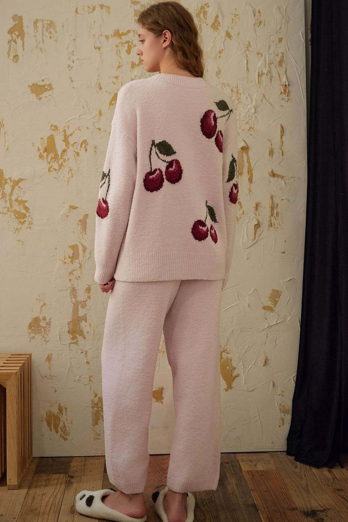Soft Half Velvet Cherry Cardigan Pajama Set-ROVOLE