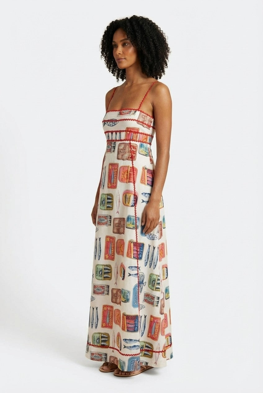 Coastal Catch Sardine Print Cotton Maxi Dress