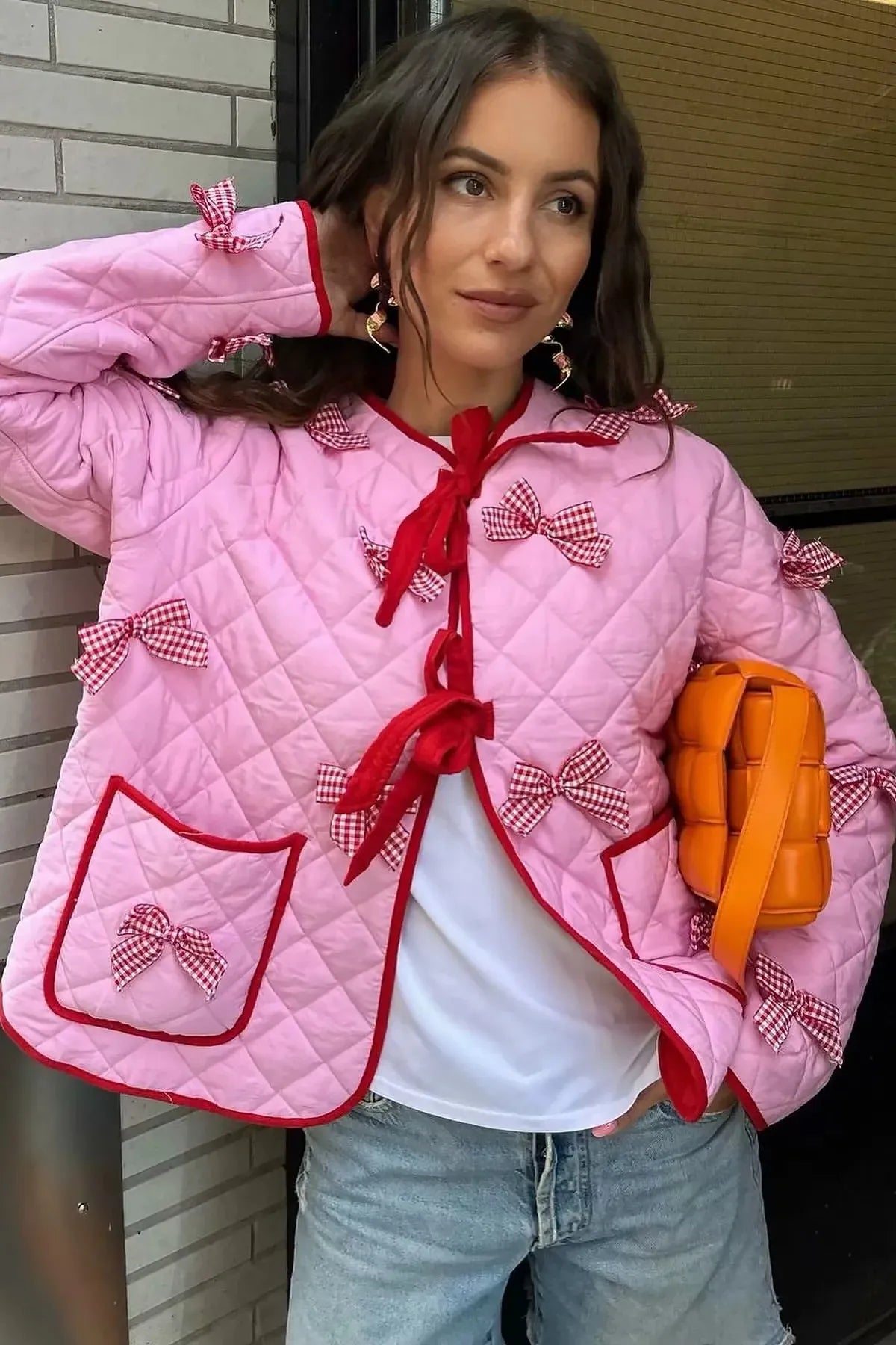 Casual Daily Solid Color Pocket Bow Decor O Neck Outerwear-ROVOLE