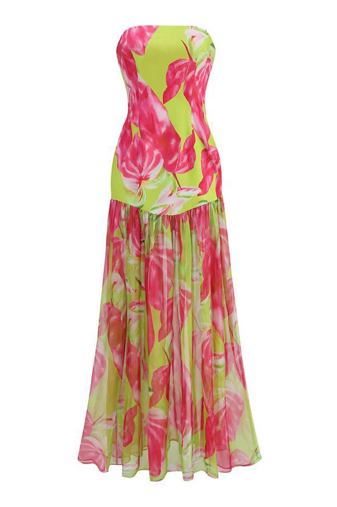 Pam Printed Strapless Slit Maxi Dress-ROVOLE