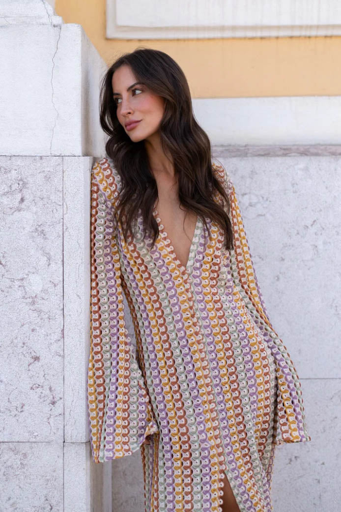 Boho V Neck Bell Sleeve Wavy Striped Crochet Beach Vacation Maxi Dress-ROVOLE