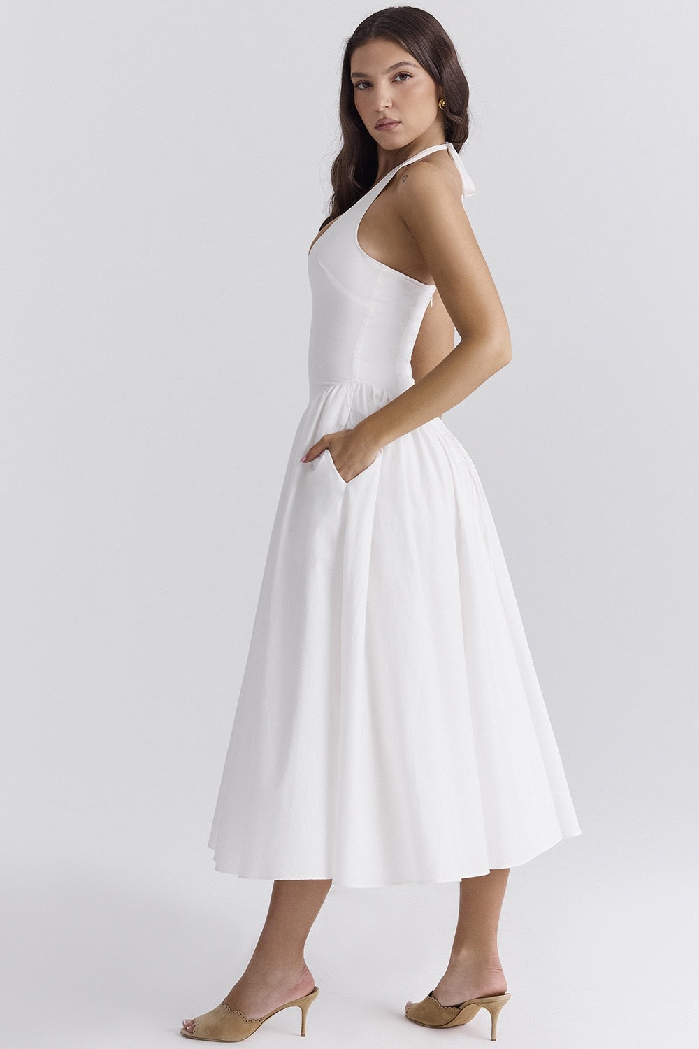 White Cotton Halter Midi Sundress-ROVOLE