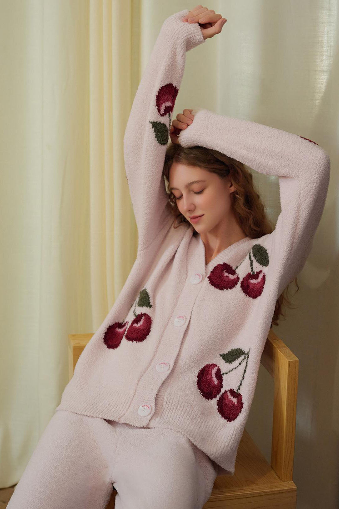 Soft Half Velvet Cherry Cardigan Pajama Set-ROVOLE