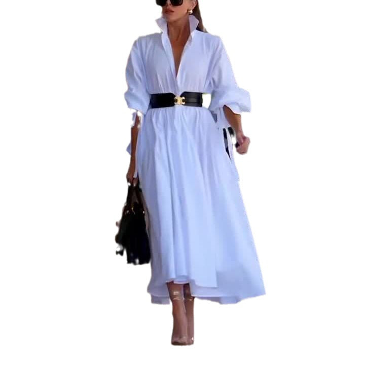 Fashion Pure White Lapel Belt Dress-ROVOLE