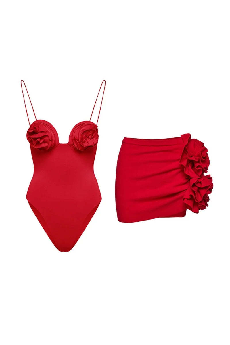 Floral Appliqué Swimsuit Skirt Set-ROVOLE