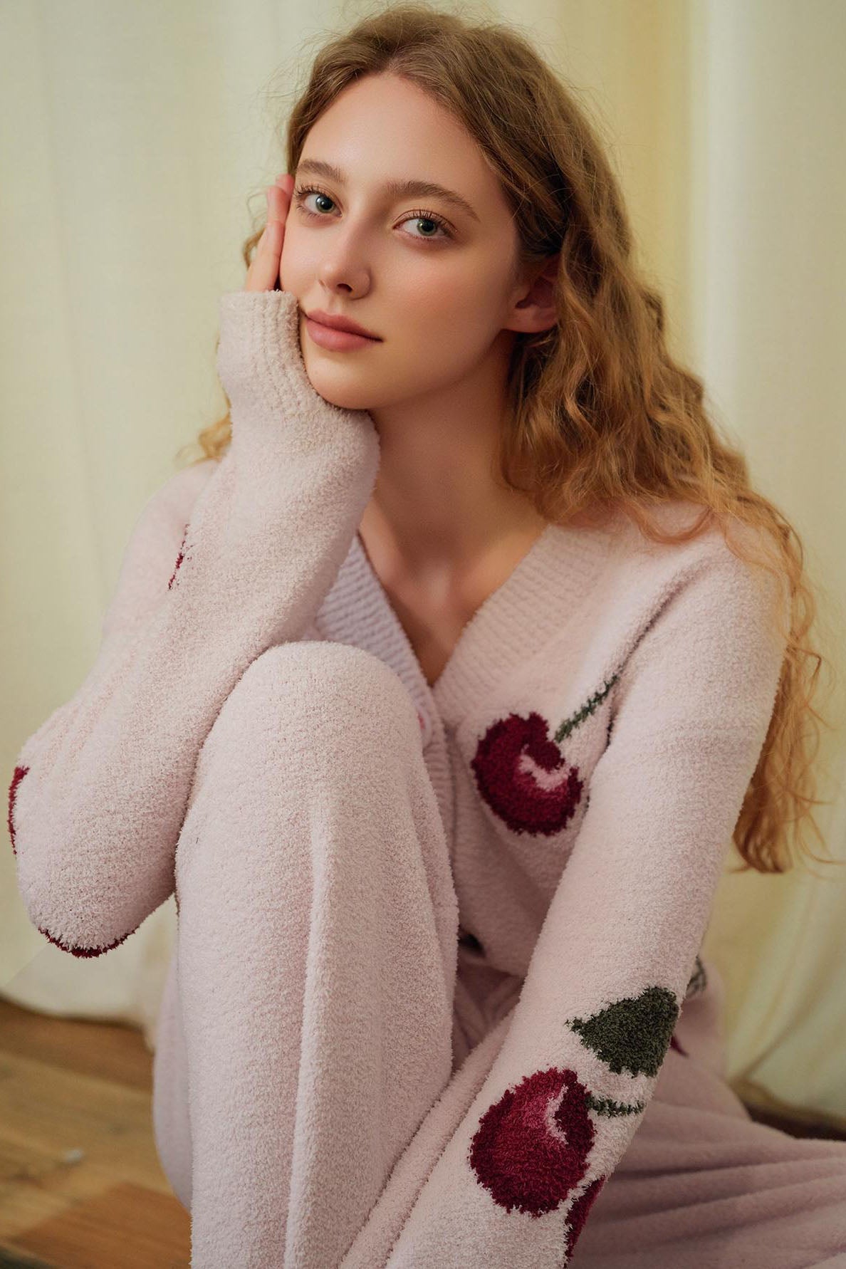 Soft Half Velvet Cherry Cardigan Pajama Set-ROVOLE