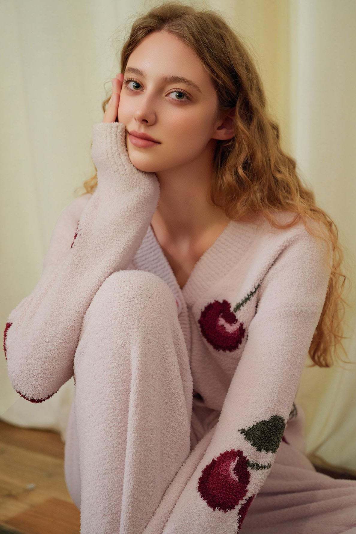 Soft Half Velvet Cherry Cardigan Pajama Set-ROVOLE