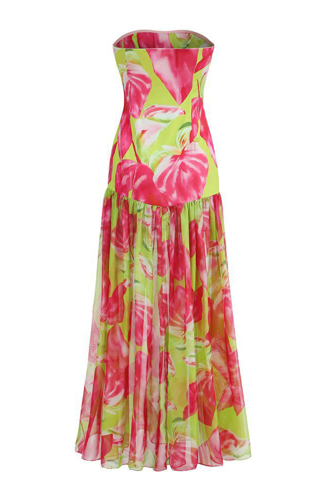 Pam Printed Strapless Slit Maxi Dress-ROVOLE